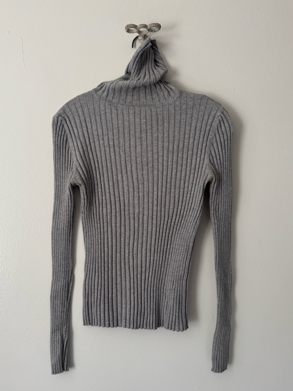 MNG BASIC Ribbed Knit Gray Women’s Cotton Blend Ribbed Turtleneck Sweater